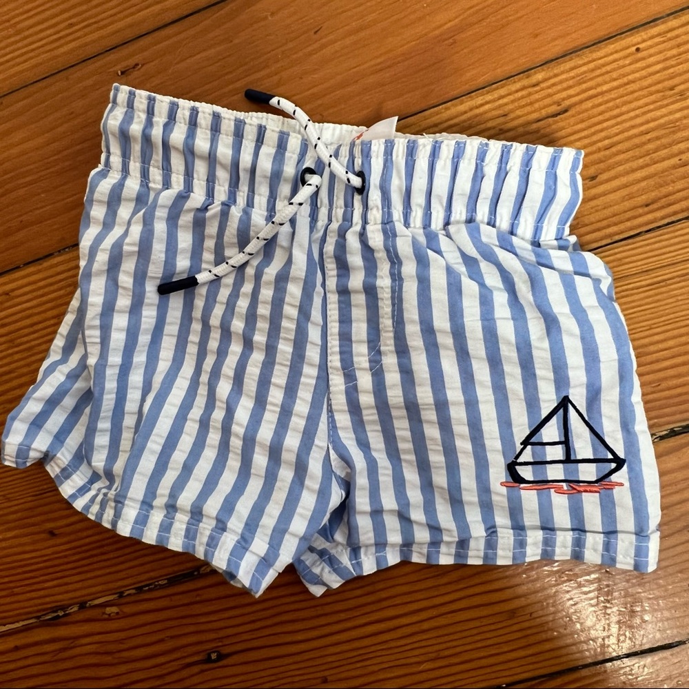Cat and Jack Blue and White stripe Seersucker swim trunks 12 months